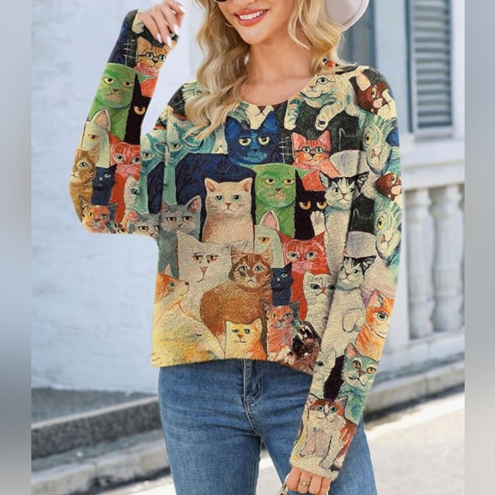 Multicolor Cat Pattern Women's Sweater - image 7
